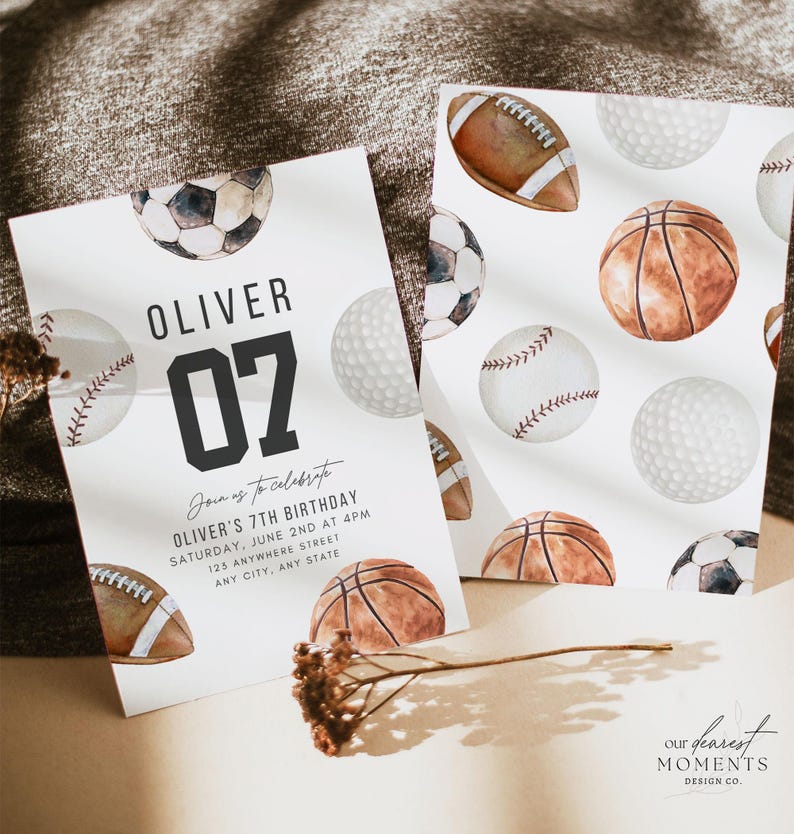 May include: Two rectangular birthday invitation cards featuring watercolour illustrations of various sports balls including footballs, basketballs, baseballs, and golf balls. The text reads OLIVER 07 JOIN US TO CELEBRATE OLIVER'S 7TH BIRTHDAY.
