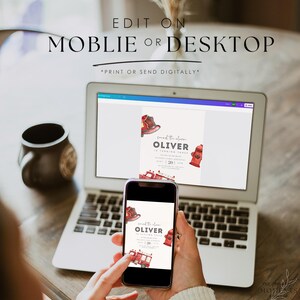 K&ouml;nnte beinhalten: Editierbare digitale Einladung zu einer Kindergeburtstagsfeier. Die Einladung zeigt ein rotes Feuerwehrauto, einen Hydranten und eine Feuerwehrhelm. Der Text auf der Einladung lautet "Sound the alarm Oliver is turning three".
