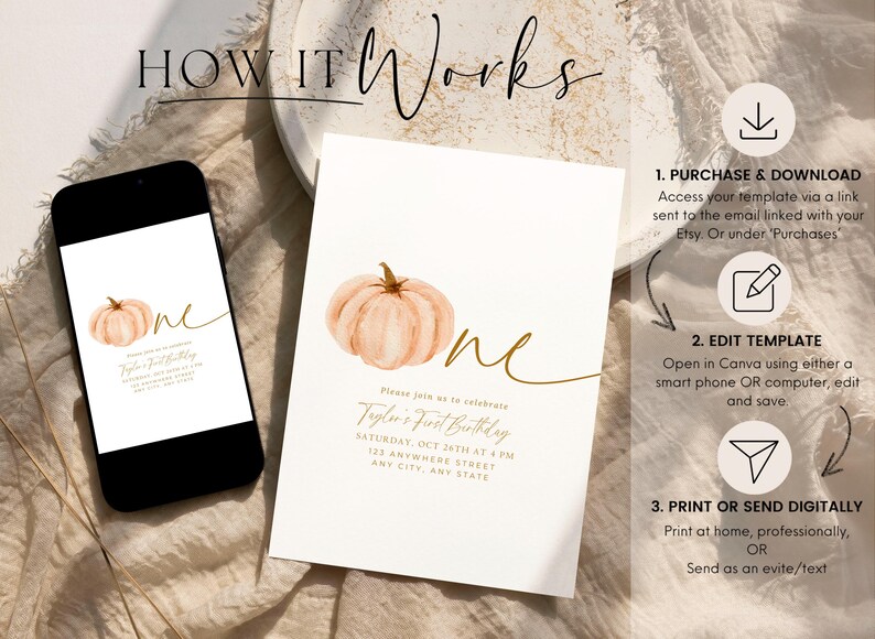 Pu&ograve; includere: Un design di invito digitale con una zucca ad acquerello e la parola "one" in oro. L'invito include i dettagli dell'evento e le istruzioni per l'uso, visualizzate su uno smartphone e una scheda.