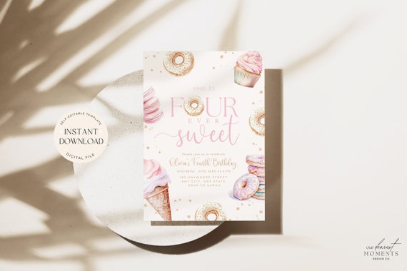 Four Ever Sweet Birthday Invitation 4th Birthday Invitation for Girl Fourever Sweet Birthday Invite Fourth Birthday Invite Boho Minimalist