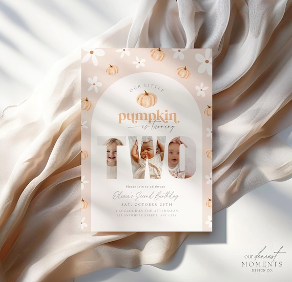 Editable Second Birthday Our Little Pumpkin Invite 2nd Birthday Invitation for Girl Fall Boho Halloween Digital Download Printable Two Year