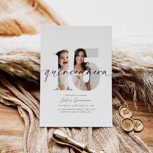 May include: A quincea&ntilde;era invitation card with the word "quincea&ntilde;era" in cursive script. The number "15" is integrated into the design, with photos of a young girl and a teenager. The card includes event details.