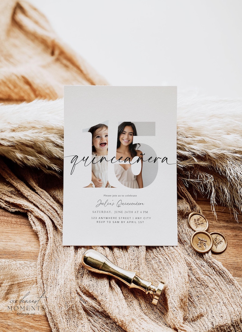 May include: A quincea&ntilde;era invitation card with the word "quincea&ntilde;era" in cursive script. The number "15" is integrated into the design, with photos of a young girl and a teenager. The card includes event details.