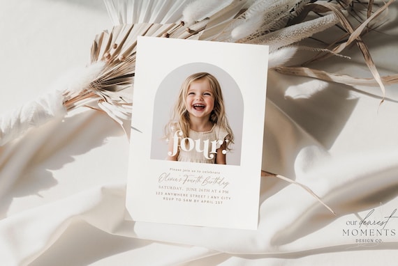 Editable Fourth Birthday Invitation 4th Birthday Party Invite Minimalist Boho 4 th Boy Birthday Girl Birthday Instant Digital Download Four