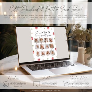 K&ouml;nnte beinhalten: Eine digitale Vorlage f&uuml;r eine Fotocollage zum ersten Geburtstag eines Babys. Die Vorlage hat einen rosa und wei&szlig;en Hintergrund mit Erdbeeren und Blumen. Der Text "OLIVIA'S berry first year" befindet sich oben auf der Vorlage. Es gibt 12 Fotopl&auml;tze f&uuml;r Bilder des Babys in verschiedenen Altersstufen. Die Vorlage ist f&uuml;r die Verwendung mit Canva konzipiert.