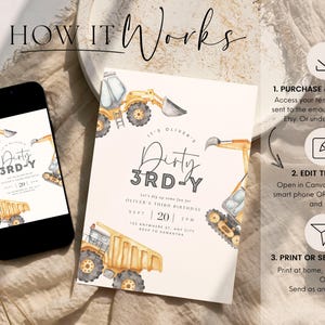 May include: Editable digital invitation for a child's 3rd birthday party. The invitation features a watercolour illustration of construction vehicles and the text "It's Oliver's Dirty 3rd-Y".