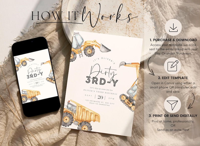 May include: Editable digital invitation for a child's 3rd birthday party. The invitation features a watercolour illustration of construction vehicles and the text "It's Oliver's Dirty 3rd-Y".