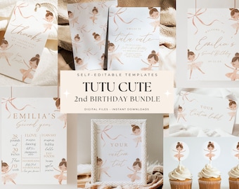May include: A collection of digital templates for a second birthday party, featuring a ballerina theme. The designs include invitations, thank you tags, welcome signs, and cupcake toppers. The color palette is soft, with pink and beige tones.