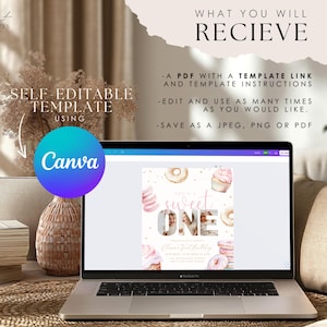 May include: A pink and gold printable first birthday invitation template with a donut and cupcake design. The template is editable using Canva and includes a template link and instructions. The text on the invitation reads "Sweet One".