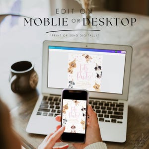May include: A laptop and smartphone display a birthday party invitation design. The invitation features watercolor illustrations of dogs wearing party hats and the text "Let's Party!" in pink. The words "Edit on Mobile or Desktop" are also visible.