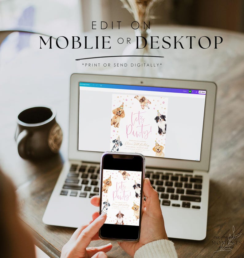 May include: A laptop and smartphone display a birthday party invitation design. The invitation features watercolor illustrations of dogs wearing party hats and the text "Let's Party!" in pink. The words "Edit on Mobile or Desktop" are also visible.