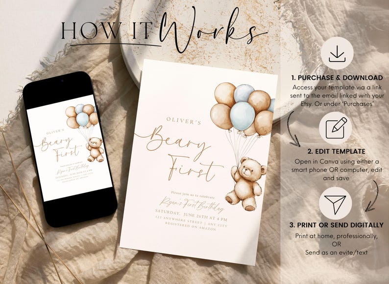 May include: Editable invitation template for a first birthday party. The design features a teddy bear holding balloons in blue and brown tones. The text on the invitation reads "Oliver's Beary First".