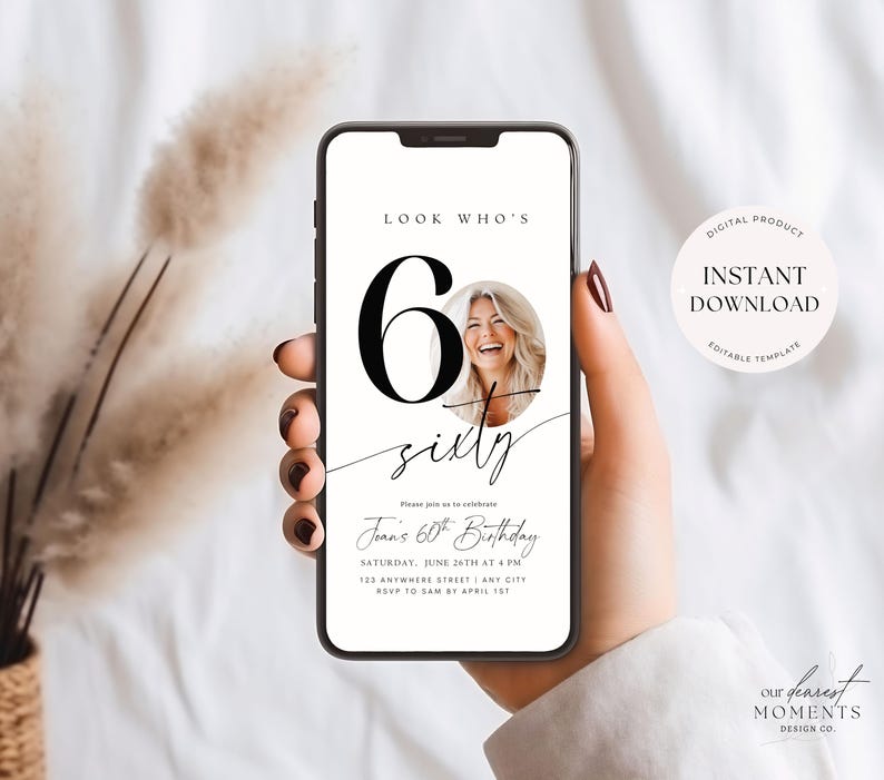 Editable 60th Birthday Digital Invitation Template 60 th Invite with Photo Instant Download Sixty Fabulous Minimalist Birthday Evite Him Her image 6