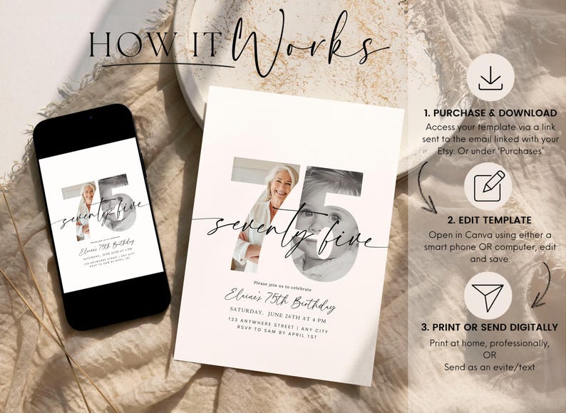 75th Birthday Invitation Template 75 Th Digital Photo Invite Instant ...