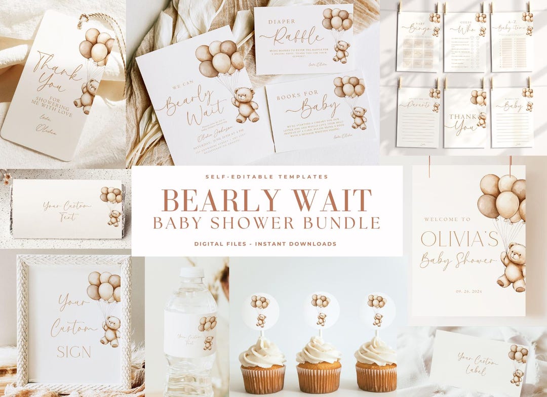 Editable We Can Bearly Wait Baby Shower Bundle Teddy Bear Baby Shower ...