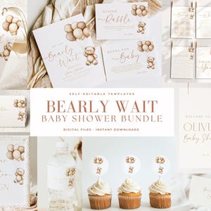 Editable We Can Bearly Wait Baby Shower Bundle Teddy Bear Baby Shower Invite Package Digital Download Printable Minimalist Baby Boy Brown