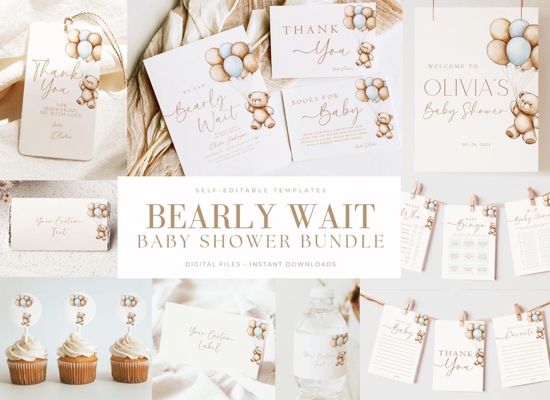 Editable We Can Bearly Wait Baby Shower Bundle Teddy Bear Baby Shower ...
