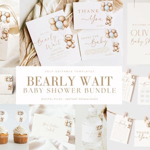 Editable We Can Bearly Wait Baby Shower Bundle Teddy Bear Baby Shower Invite Package Digital Download Printable Minimalist Baby Boy Blue