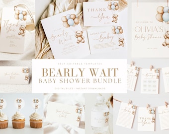 Editable We Can Bearly Wait Baby Shower Bundle Teddy Bear Baby Shower Invite Package Digital Download Printable Minimalist Baby Boy Blue