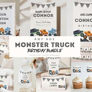 Editable Monster Truck ANY AGE Birthday Bundle Invitation Set Boom Crash Monster Bash Printable Invite Trucks Birthday Template For Boys Jam