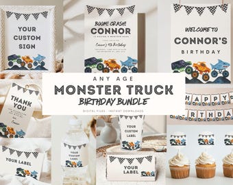 Editable Monster Truck ANY AGE Birthday Bundle Invitation Set Boom Crash Monster Bash Printable Invite Trucks Birthday Template For Boys Jam