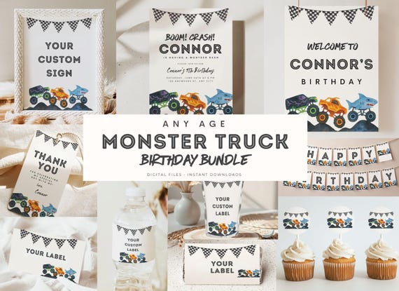 Editable Monster Truck ANY AGE Birthday Bundle Invitation Set Boom Crash Monster Bash Printable Invite Trucks Birthday Template For Boys Jam