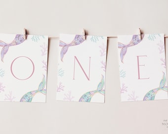 Mermaid First High Chair Banner Printable Party First Birthday Highchair Banner ONE Oneder the Sea 1st Birthday Decor Instant Download Boho