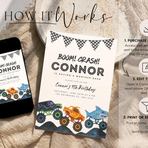 May include: A birthday party invitation with the text "BOOM! CRASH! CONNOR" and "Connor's 4th Birthday". The invitation features watercolour illustrations of monster trucks. A smartphone displays the invitation. Instructions are also included.