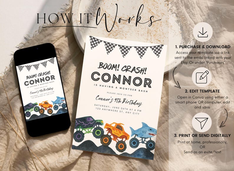 May include: A birthday party invitation with the text "BOOM! CRASH! CONNOR" and "Connor's 4th Birthday". The invitation features watercolour illustrations of monster trucks. A smartphone displays the invitation. Instructions are also included.