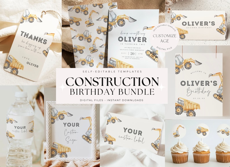 May include: A printable construction birthday party bundle with a yellow excavator and dump truck design. The bundle includes a thank you tag, water bottle label, invitation, banner, cupcake toppers, and signs. The text on the invitation reads "Dump everything Oliver is turning two".