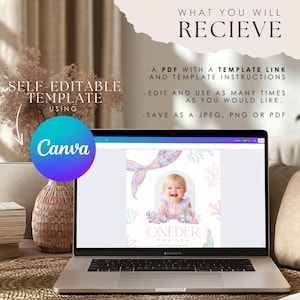 May include: A digital template for a mermaid-themed first birthday party invitation. The template features a mermaid tail, seashells, and the text "ONEDER THE SEA".