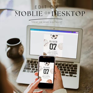 May include: A laptop and a smartphone displaying a digital birthday invitation template featuring watercolour sports balls, the name Oliver, the number 07, and event details. The text EDIT ON MOBLIE OR DESKTOP and PRINT OR SEND DIGITALLY is visible.