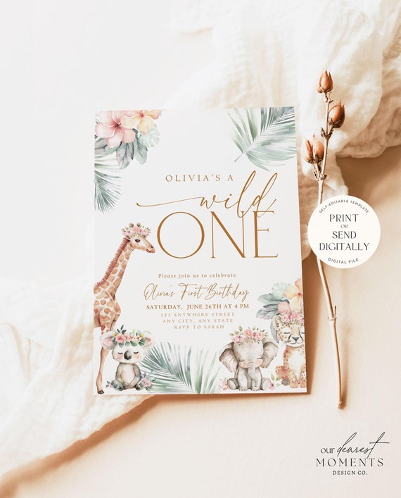 Editable Wild One Birthday Invitation Safari Animal Birthday Invitation 1st Birthday Invite for Girl Boho First Birthday Invitation Jungle