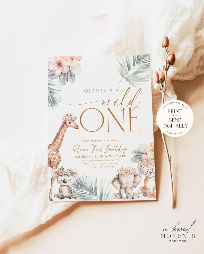 May include: A printable invitation for a first birthday party with a jungle theme. The invitation features a giraffe, elephant, koala, and leopard with a floral crown. The text reads "Olivia's a Wild One" and includes details for the party, such as the date, time, and location.
