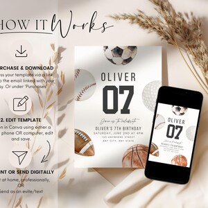 May include: A digital birthday invitation template featuring watercolour sports balls including a soccer ball, baseball, golf ball, football, and basketball. The text reads OLIVER 07, Join us to celebrate, OLIVER'S 7TH BIRTHDAY, SATURDAY, JUNE 2ND AT 4PM, 125 ANYWHERE STREET, ANY CITY, ANY STATE.