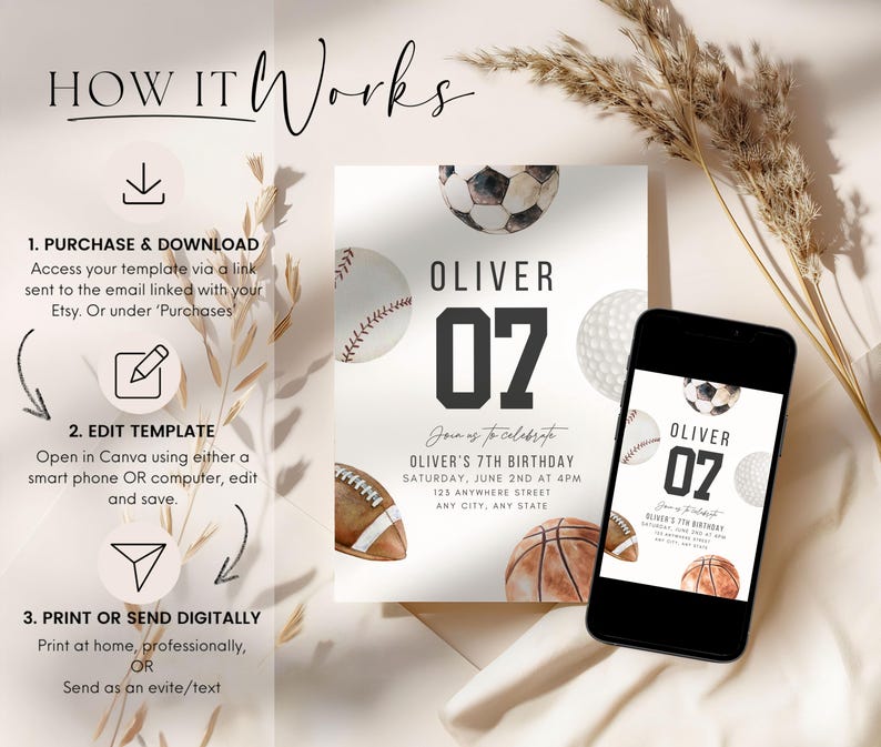 May include: A digital birthday invitation template featuring watercolour sports balls including a soccer ball, baseball, golf ball, football, and basketball. The text reads OLIVER 07, Join us to celebrate, OLIVER'S 7TH BIRTHDAY, SATURDAY, JUNE 2ND AT 4PM, 125 ANYWHERE STREET, ANY CITY, ANY STATE.