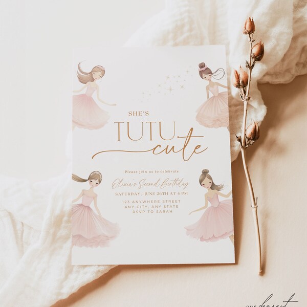 Tutu Cute Birthday Invitation Second Birthday Invitation Boho Tutu Cute Invite 2nd Birthday Invitation Girl Ballerina Invitation Ballet Boho