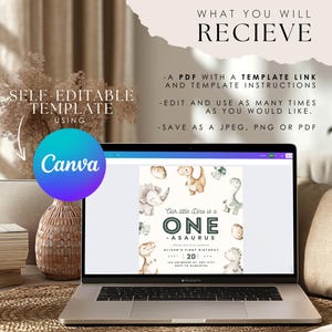 May include: A digital illustration of a dinosaur-themed first birthday invitation. The invitation features a green and white dinosaur with the text "Our little Dino is a ONE -ASAURUS" and a space for the child's name and birthday details. The invitation is designed to be edited using Canva.