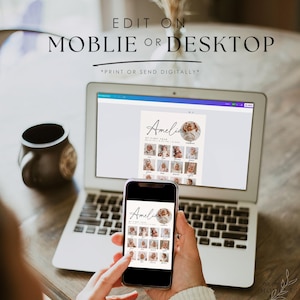 May include: A laptop and a smartphone both display a digital baby photo album template with the name "Amelia" and the text "My First Year". The text "Edit on Mobile or Desktop" appears above the image. The text "*Print or Send Digitally*" appears below the image.