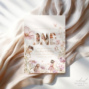Może przedstawiać: Spersonalizowane zaproszenie z tekstem "OUR LITTLE FAIRY IS ONE" i "Olivia Fairy's 1st Birthday". Projekt zawiera ilustracje kwiatowe, grafikę wr&oacute;żek i zdjęcia dziecka. Zaproszenie jest na białym tle.