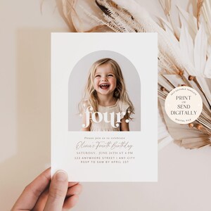 Puede incluir: Una tarjeta de invitaci&oacute;n blanca con una foto de una ni&ntilde;a sonriendo. La tarjeta tiene un arco rosa con la palabra "cuatro" en letras blancas. El texto de la tarjeta dice: "Por favor, &uacute;nase a nosotros para celebrar el cuarto cumplea&ntilde;os de Olivia, s&aacute;bado 25 de junio a las 4 PM, 123 Anywhere Street, Any City, RSVP a Sam antes del 1 de abril".