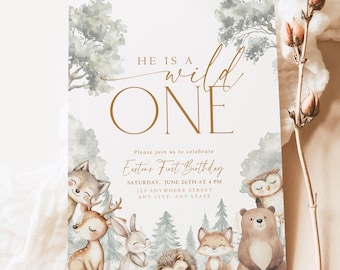 May include: A woodland-themed birthday invitation with the text "He is a Wild One." The invitation features watercolor illustrations of forest animals, including a fox, bear, owl, deer, and rabbit. The invitation includes the date, time, and location.