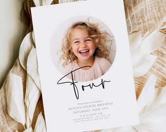 EDITABLE Minimalist Fourth Birthday Invitation Boho Fourth Birthday Invite Birthday Invite for Girls 4th Birthday Invite Digital Template
