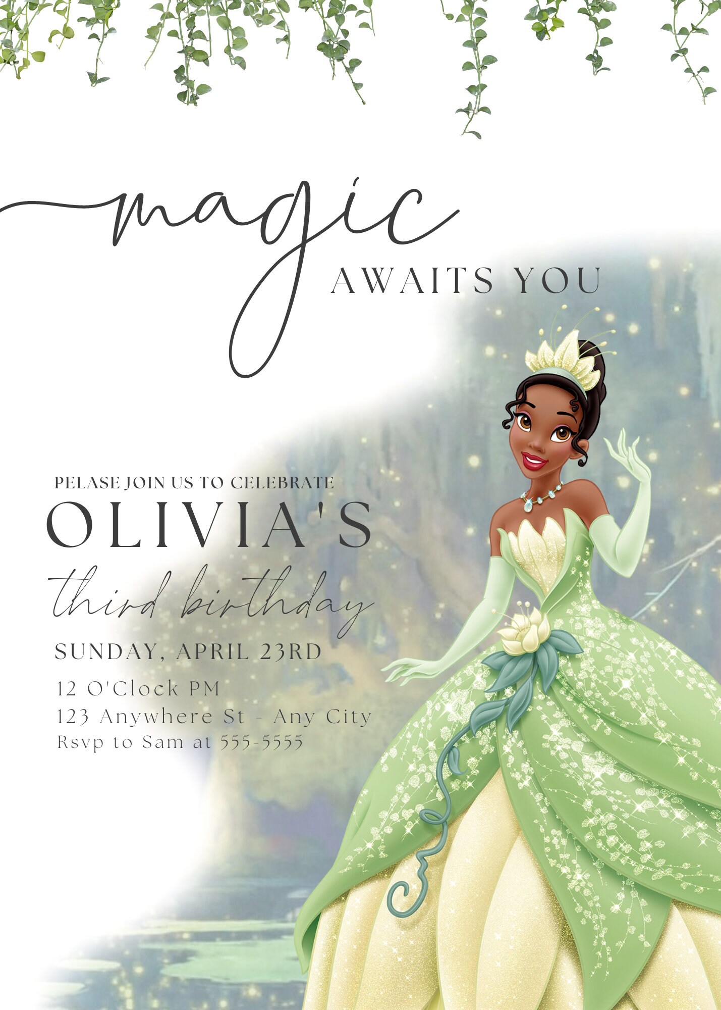 Self-editable 5x7 Tiana Princess and the Frog Invitation Party - Etsy