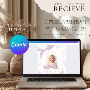 May include: A laptop screen displaying a Canva design template for a mermaid-themed birthday party. The template features a purple and blue mermaid tail, coral, and a photo frame. The text "Welcome to Olivia's Birthday" is displayed on the template.