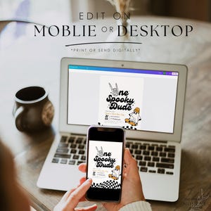 May include: Editable digital invitation for a first birthday party with a spooky theme. The invitation features a ghost riding a skateboard with the text "One Spooky Dude" in black and yellow. The invitation can be edited on a mobile device or desktop computer.