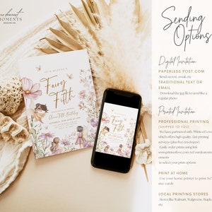 May include: A digital and printed invitation for a fairy-themed birthday party. The invitation features a whimsical illustration of fairies in a garden setting with butterflies and flowers. The text on the invitation reads "It's Olivia's Fairy Fifth Birthday". The invitation also includes information about the date, time, and location of the party. The image also shows different options for sending the invitation, including digital, printed, and local printing stores.