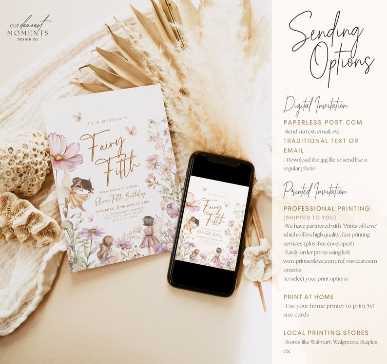 May include: A digital and printed invitation for a fairy-themed birthday party. The invitation features a whimsical illustration of fairies in a garden setting with butterflies and flowers. The text on the invitation reads "It's Olivia's Fairy Fifth Birthday". The invitation also includes information about the date, time, and location of the party. The image also shows different options for sending the invitation, including digital, printed, and local printing stores.