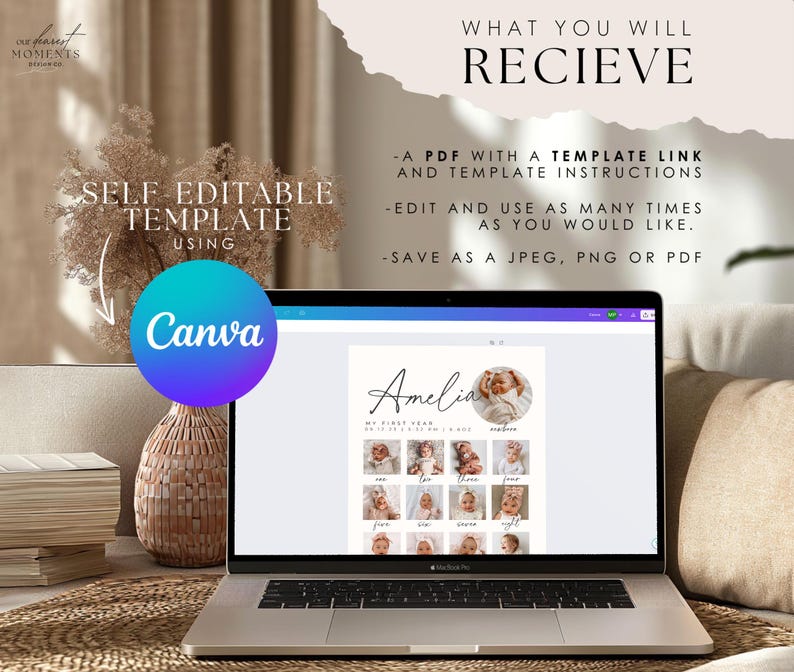 May include: A laptop screen displaying a Canva design template for a baby's first year photo collage. The template features a white background with black text and a circular photo placeholder. The text reads "Amelia, My First Year, One, Two, Three, Four, Five, Six, Seven, Eight, Nine, Ten, Eleven, Twelve".