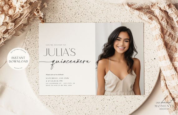 Editable  Quinceañera Invitation,  Quinceanera Invitation,  Quinceañera Invite Minimalist Boho, Simple  Quinceañera Invitation with Picture